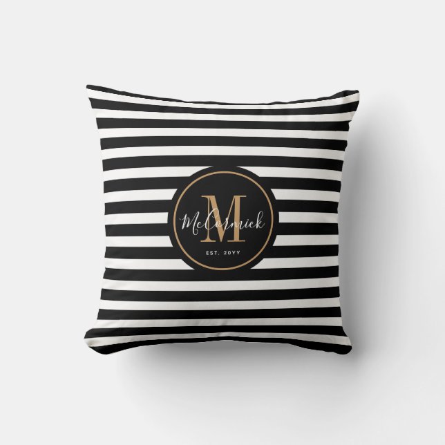 Elegant Awning Stripes Black White Name Monogram Kussen (Voorkant)