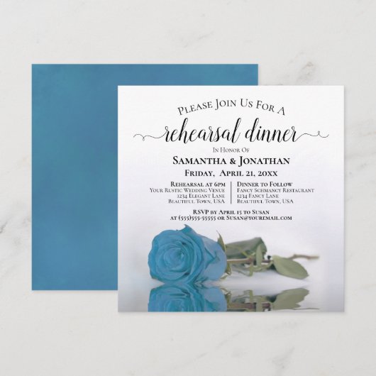Elegant Azure Blue Roos Wedding Rehearsal Dinner Kaart (Voorkant / Achterkant)
