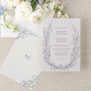 Elegant Azure Floral Wreath Monogram Bruiloft Kaart