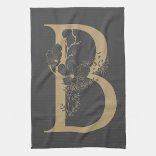 Elegant B Boho Floral Monogram Initiaal Goud Goud Theedoek