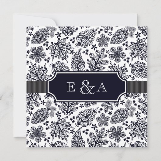 Élégant B & W Lacy Feuilles Faire-part de mariage (Dos)