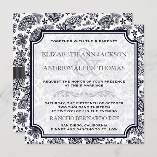 Elegant B & W Lacy Leaves Wedding Uitnodiging (Voorkant / Achterkant)