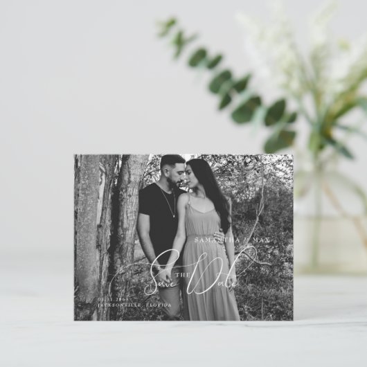Elegant B/W-paar foto Opslaan datum Briefkaart (Staand voorkant)