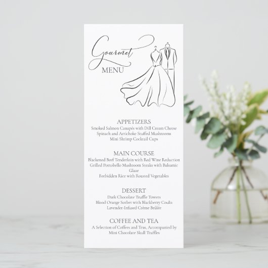 Elégant B&W Tux & Robe Mariage Menu Gourmet (Debout devant)