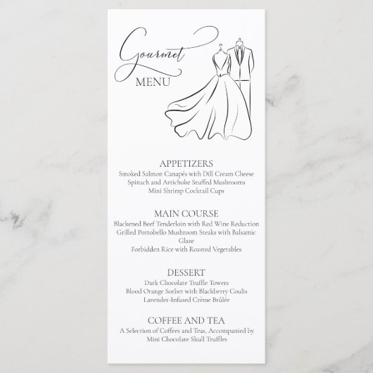 Elégant B&W Tux & Robe Mariage Menu Gourmet (Devant)
