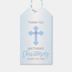 Elegant Baby Blue Cross DANK JE JULLIE Christening Cadeaulabel