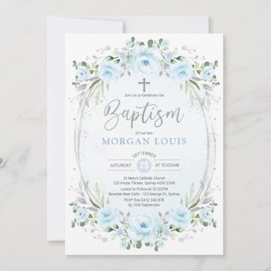 Elegant Baby Blue Silver Flower Baptisme Kaart (Voorkant)