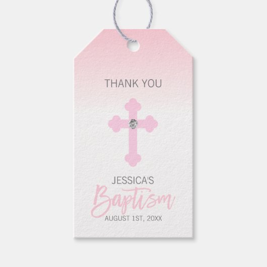 Elegant Baby Roze Kruis DANK U Doop Meisje Cadeaulabel (Voorkant)