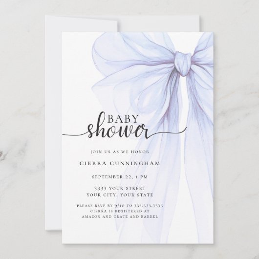 Elégant Baby shower de Bow bleu doux Invitation (Devant)