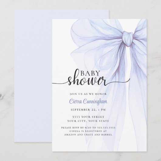 Elégant Baby shower de Bow bleu doux Invitation (Devant / Derrière)
