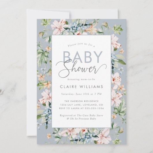 Elégant Baby shower Floral Bleu Invitation (Devant)