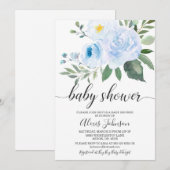 Elégant Baby shower Floral Bleu Invitation (Devant / Derrière)