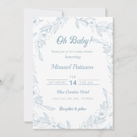 Elégant Baby shower floral bleu pâle Invitation (Devant)
