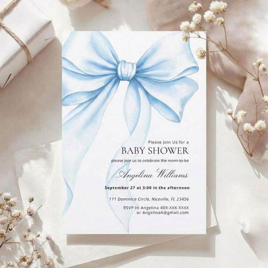 Elegant Baby Shower Invitation with a Blue Bow. 