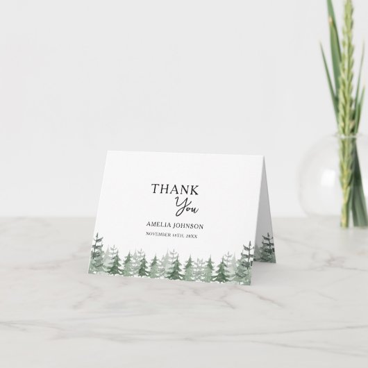 Elegant Baby shower Waterverf Pine-Tree Dank u Kaart (Voorkant)