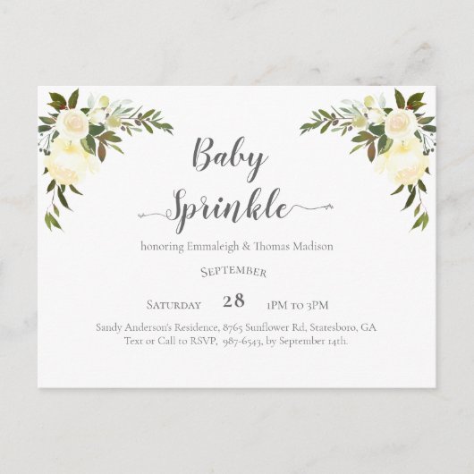Elegant Baby Sprinkle White Roses Briefkaart (Voorkant)