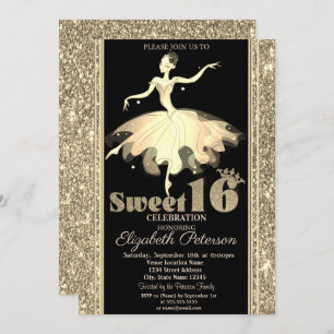 Elegant Ballerina Gold Glitter Sweet 16 Kaart
