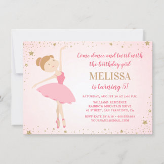 Elegant Ballerina Pink Gold Stars | Girl Birthday Kaart