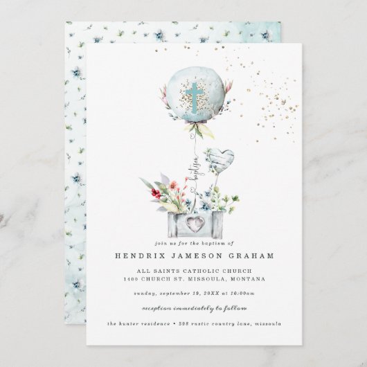 Élégant Baptême de Ballons Bleus Invitation (Devant / Derrière)