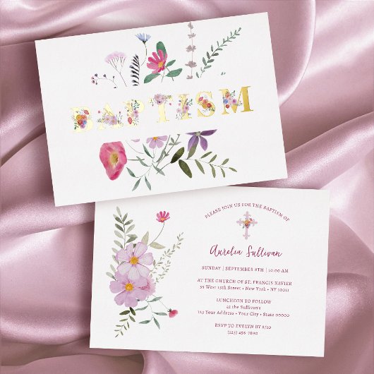 Élégant Baptême Fleur sauvage Foil Invitation