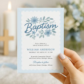 Élégant Baptême Floral Bleu Invitation