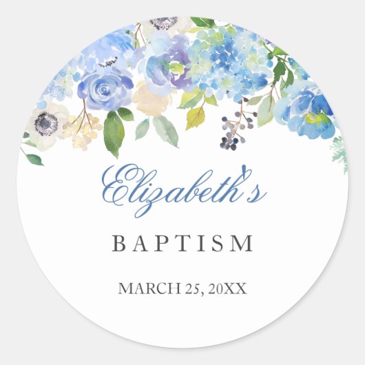 Élégant Baptême Floral Bleu Sticker Christening (Devant)