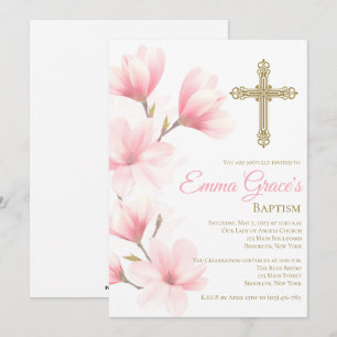 Élégant Baptême Floral Christening Invitation