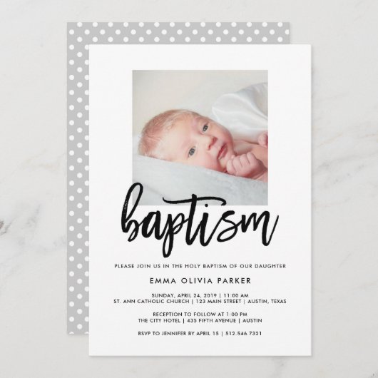 Élégant Baptême Invitation avec la photo de bébé (Devant / Derrière)