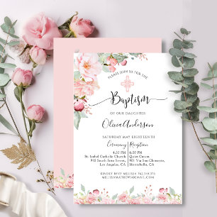 Élégant Baptême rose et Mint Floral Invitation