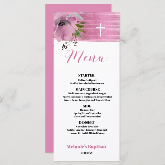 Élégant Baptême rose moderne 4x9 Carte menu plat (Devant / Derrière)