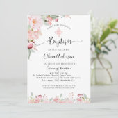 Élégant Baptême Rose Or, Mint Floral Invitation (Debout devant)