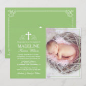 Élégant Baptême Vert Photo Invitation Card (Devant / Derrière)