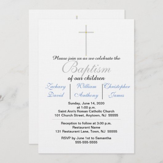 Elegant Baptism Silver Cross Blue Triplets Kaart (Voorkant / Achterkant)