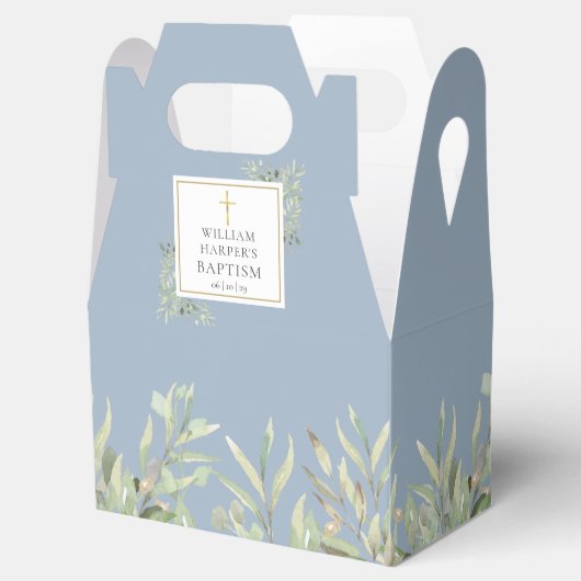 Elegant Baptisme Greenery laat Dusty Blue Bedankdoosjes (Geopend)