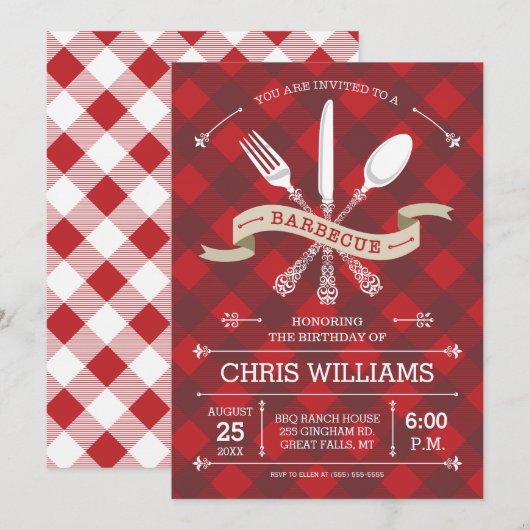 Elegant Barbecue Invitation on Gingham Kaart (Voorkant / Achterkant)
