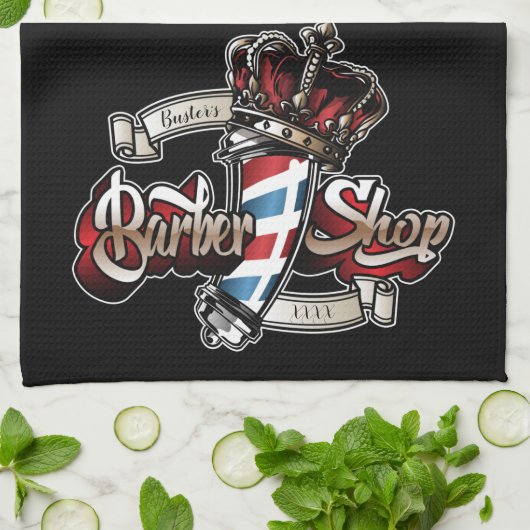 Elegant Barber Pole and Crown Personalize Theedoek (Gevouwen)