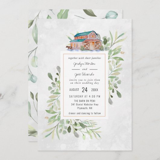 Elegant Barn | Uitnodiging tot Waterverf bruiloft (Voorkant / Achterkant)