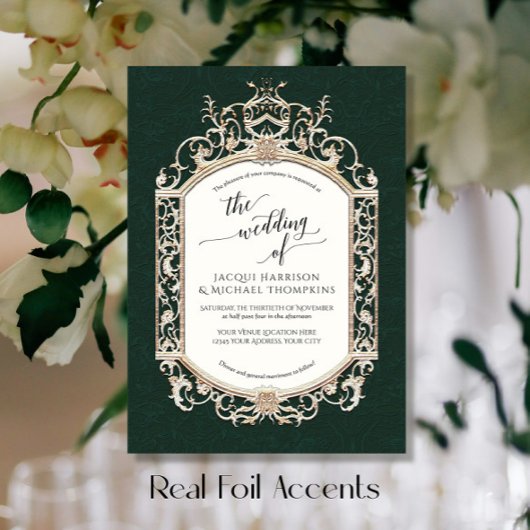 Elegant  barok scrollwork bos groen folie uitnodiging