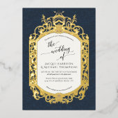 Elegant  Barok Scrollwork Navy Blue Gold Folie Uitnodiging (Voorkant)