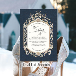 Elegant  Barok Scrollwork Navy Blue Gold Folie Uitnodiging