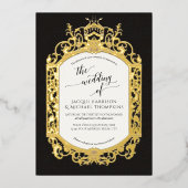 Elegant  barok scrollwork zwart en wit folie uitnodiging (Voorkant)