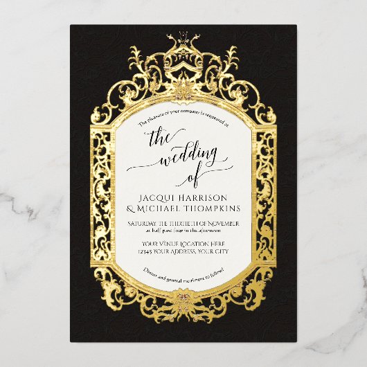 Elegant  barok scrollwork zwart en wit folie uitnodiging (Voorkant)