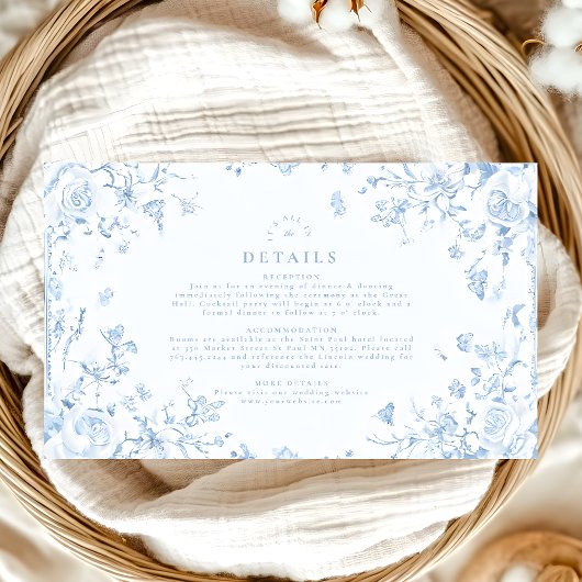 Elegant Baroque Blue French Garden Floral Wedding Informatiekaartje
