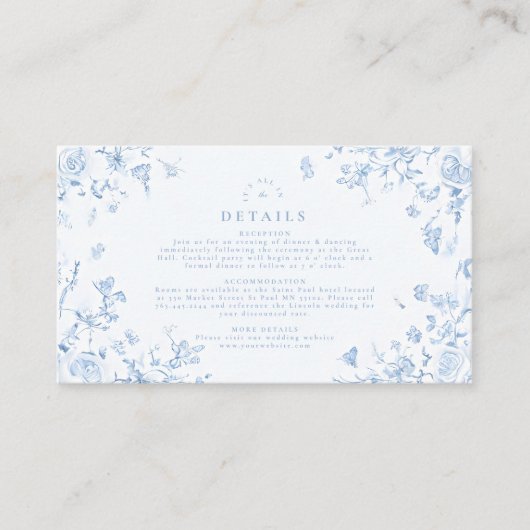 Elegant Baroque Blue French Garden Floral Wedding Informatiekaartje (Voorkant)