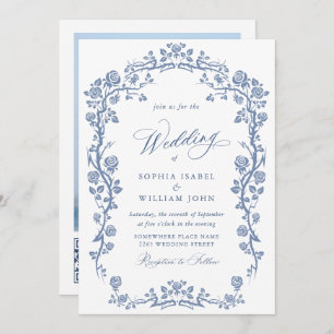 Elegant Baroque Blue French Garden Floral Wedding Kaart