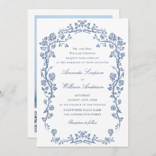 Elegant Baroque Blue French Garden Floral Wedding Kaart