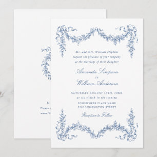 Elegant Baroque Blue French Garden Floral Wedding Kaart
