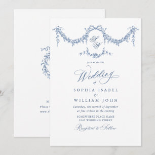 Elegant Baroque Blue French Garden Floral Wedding Kaart