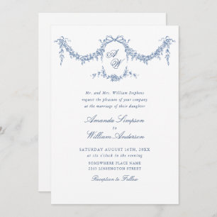 Elegant Baroque Blue French Garden Floral Wedding Kaart