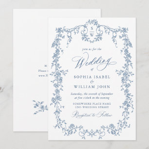 Elegant Baroque Blue French Garden Floral Wedding Kaart